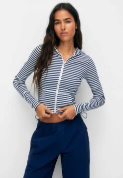 PULL & BEAR Hooded Striped - Sweater Met Rits - Dark Blue