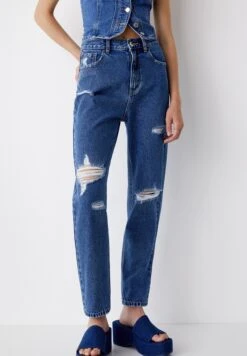 PULL & BEAR Ripped- Straight Leg Jeans - Dark Blue Denim