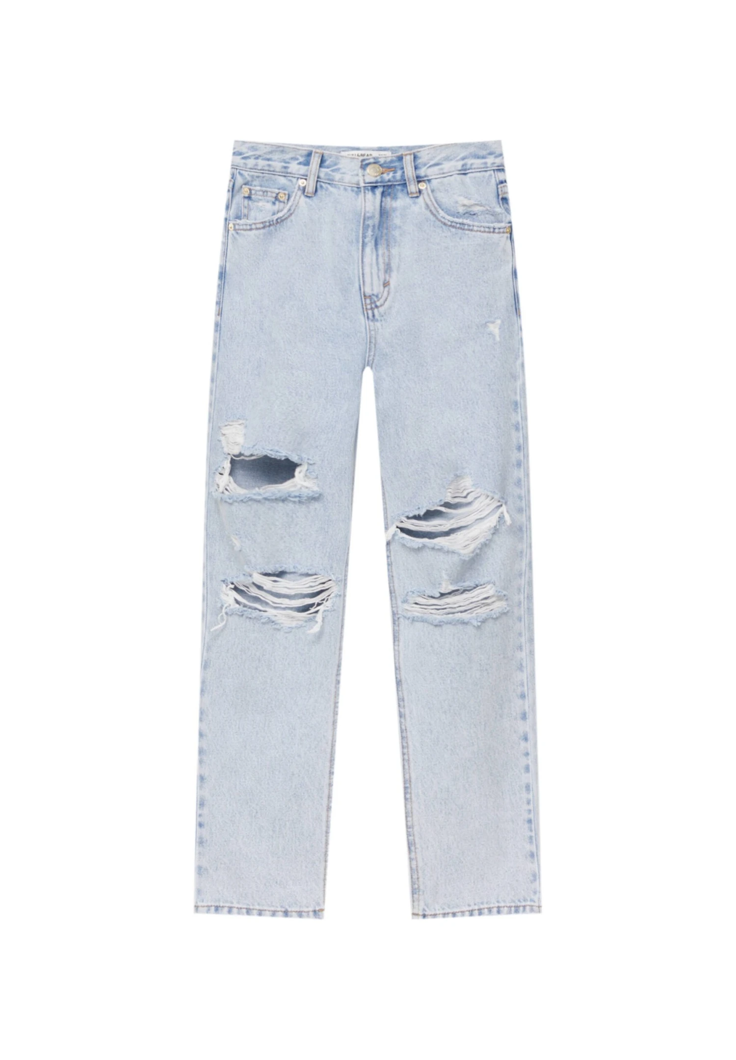 PULL & BEAR Ripped Mom - Straight Leg Jeans - Light Blue Denim - Afbeelding 6