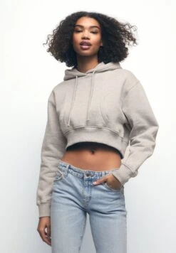 PULL & BEAR Cropped - Hoodie - Mottled Grey