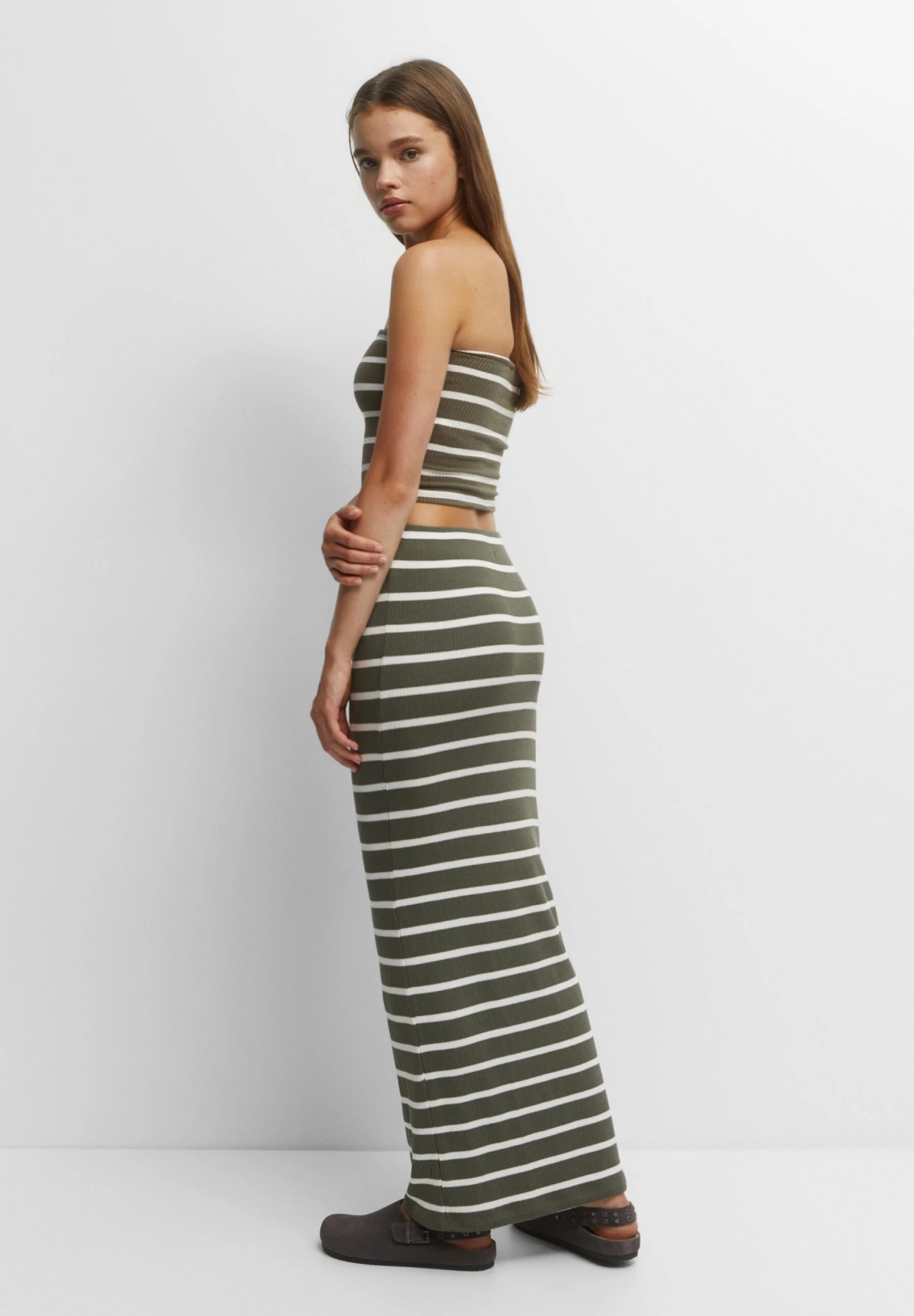 PULL & BEAR Long Striped - Maxirok - Khaki - Afbeelding 4