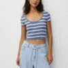 PULL & BEAR Striped-Short Sleeve- T-Shirt Print - Blue