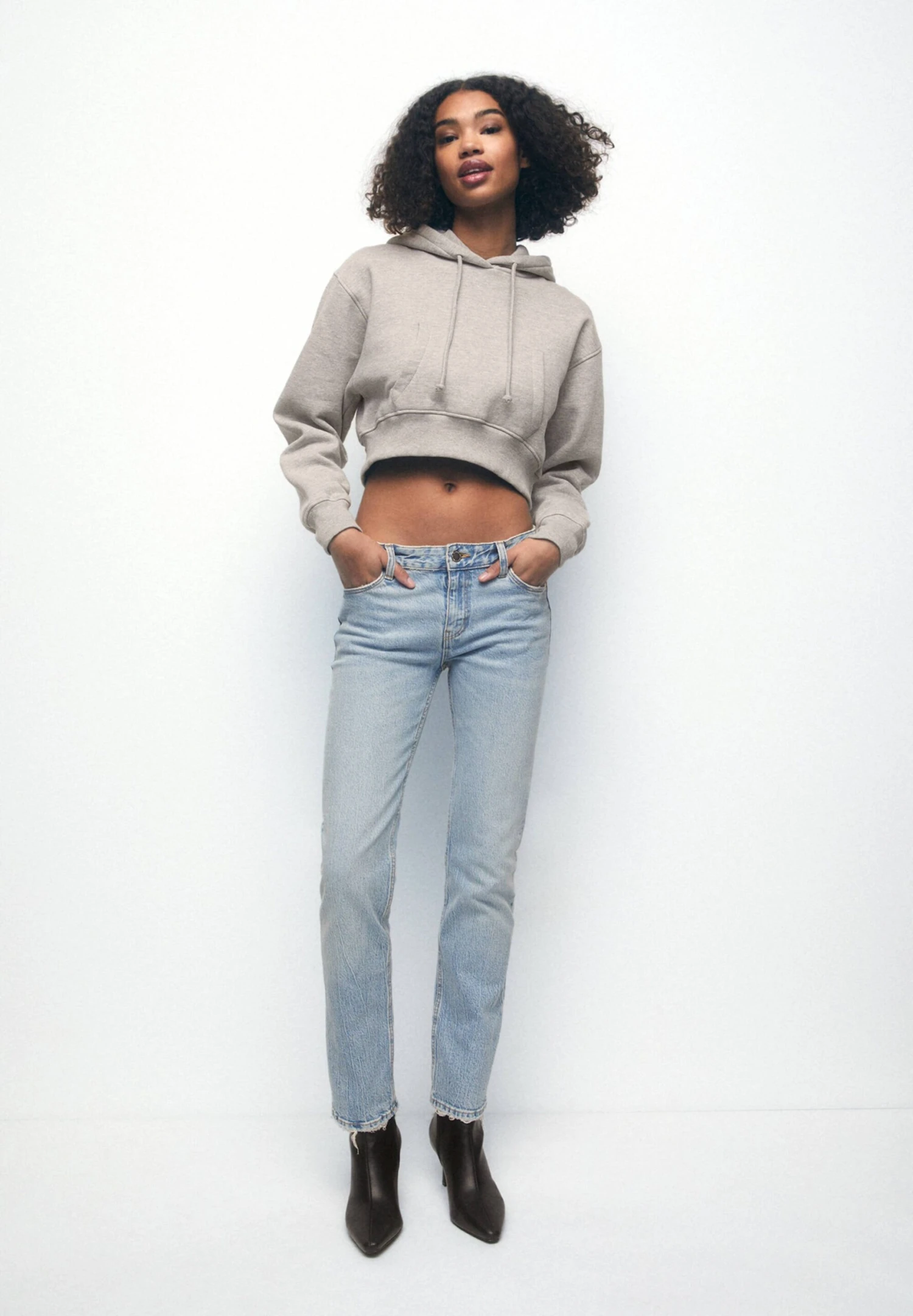 PULL & BEAR Cropped - Hoodie - Mottled Grey - Afbeelding 2