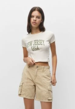 PULL & BEAR Short Sleeve Cropped - T-Shirt Print - Mottled Beige