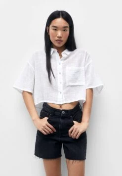 PULL & BEAR Cropped Short Sleeve - Overhemdblouse - White