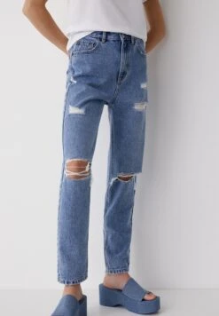 PULL & BEAR Ripped- Straight Leg Jeans - Blue Denim