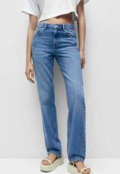 PULL & BEAR Mid Waist Faded - Straight Leg Jeans - Blue Denim