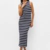 PULL & BEAR Striped Midi- Gebreide Jurk - Dark Blue
