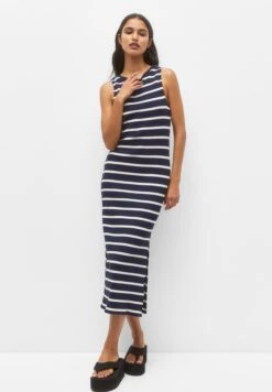 PULL & BEAR Striped Midi- Gebreide Jurk - Dark Blue