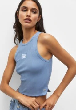 PULL & BEAR Ribbed Tank With Embroidered Slogan - Top - Blue