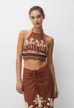 PULL & BEAR Printed Halter - Crop - Top - Light Brown