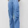 PULL & BEAR Low Rise Cargo - Straight Leg Jeans - Light Blue Denim