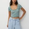 PULL & BEAR Striped-Short Sleeve- T-Shirt Print - Light Green