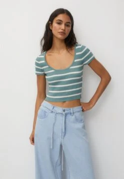 PULL & BEAR Striped-Short Sleeve- T-Shirt Print - Light Green