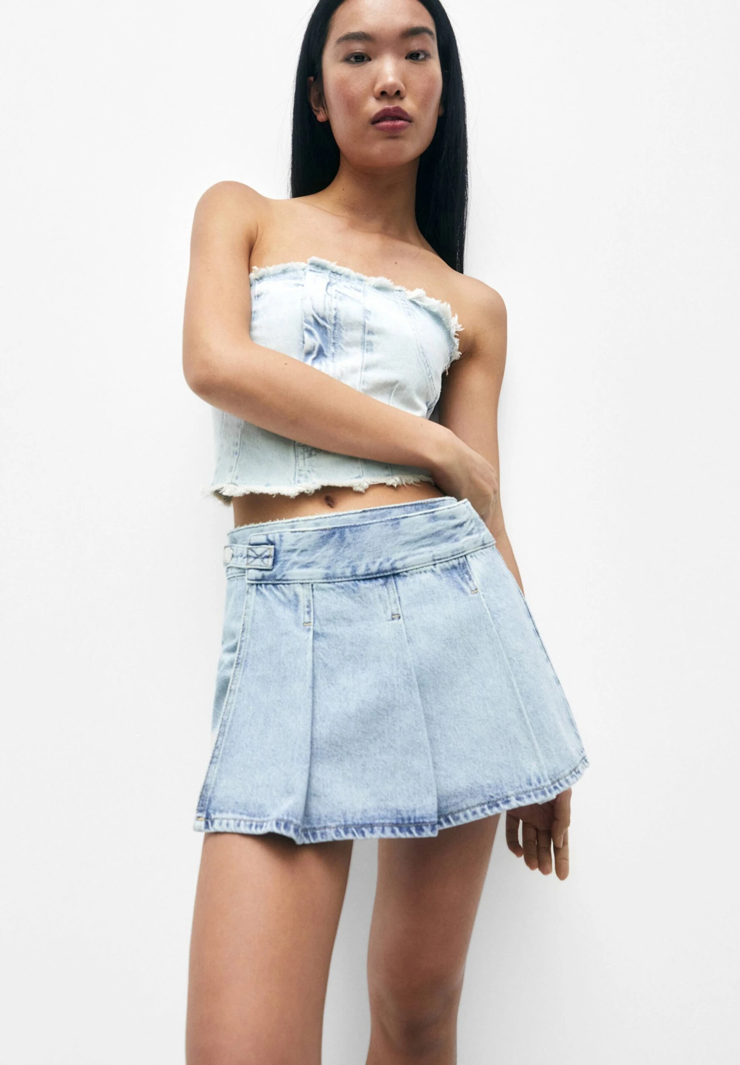PULL & BEAR With Box Pleats- Wikkelrok - Stone Blue Denim - Afbeelding 5
