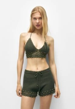 PULL & BEAR Crochet Shorts With Beading - Shorts - Khaki