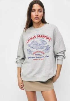 PULL & BEAR Embroidered Text - Sweater - Grey