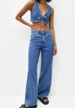 PULL & BEAR Mid-Rise Striped Baggy- Flared Jeans - Blue Denim