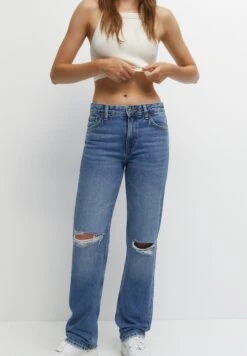 PULL & BEAR Mid-Waist - Straight Leg Jeans - Blue Denim