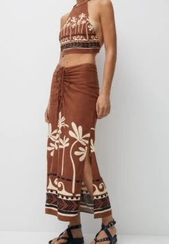 PULL & BEAR Printed Midi - A-Lijn Rok - Light Brown