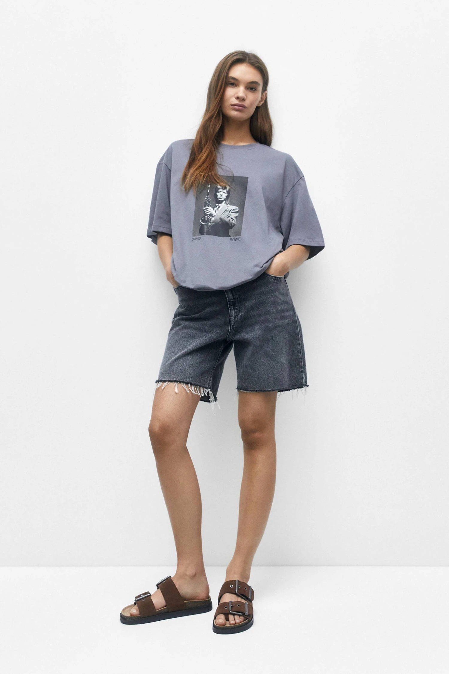 PULL & BEAR David Bowie Photo Print - T-Shirt Print - Grey - Afbeelding 8