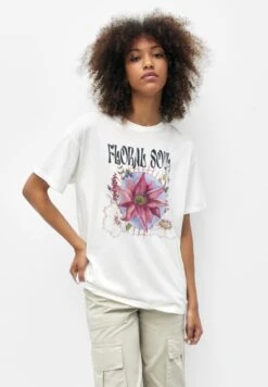 PULL & BEAR Short Sleeve Floral - T-Shirt Print - White