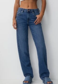 PULL & BEAR Mid Waist- Straight Leg Jeans - Dark Blue Denim