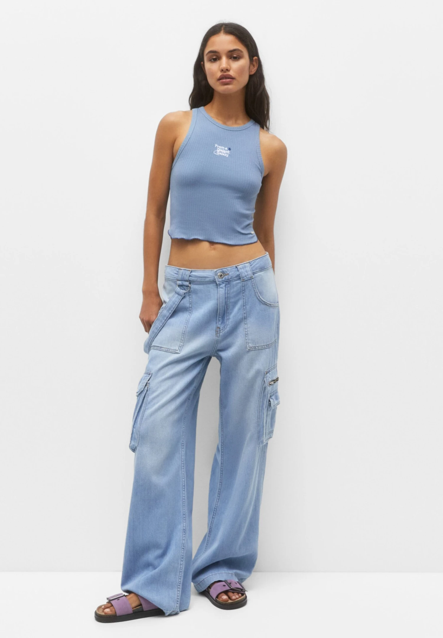 PULL & BEAR Ribbed Tank With Embroidered Slogan - Top - Blue - Afbeelding 2