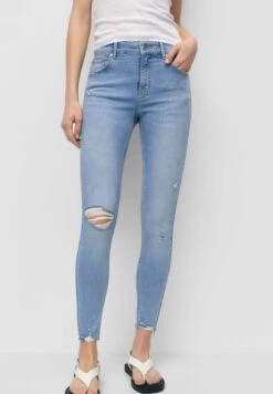 PULL & BEAR Mid Waist Ripped - Jeans Skinny Fit - Stone Blue Denim