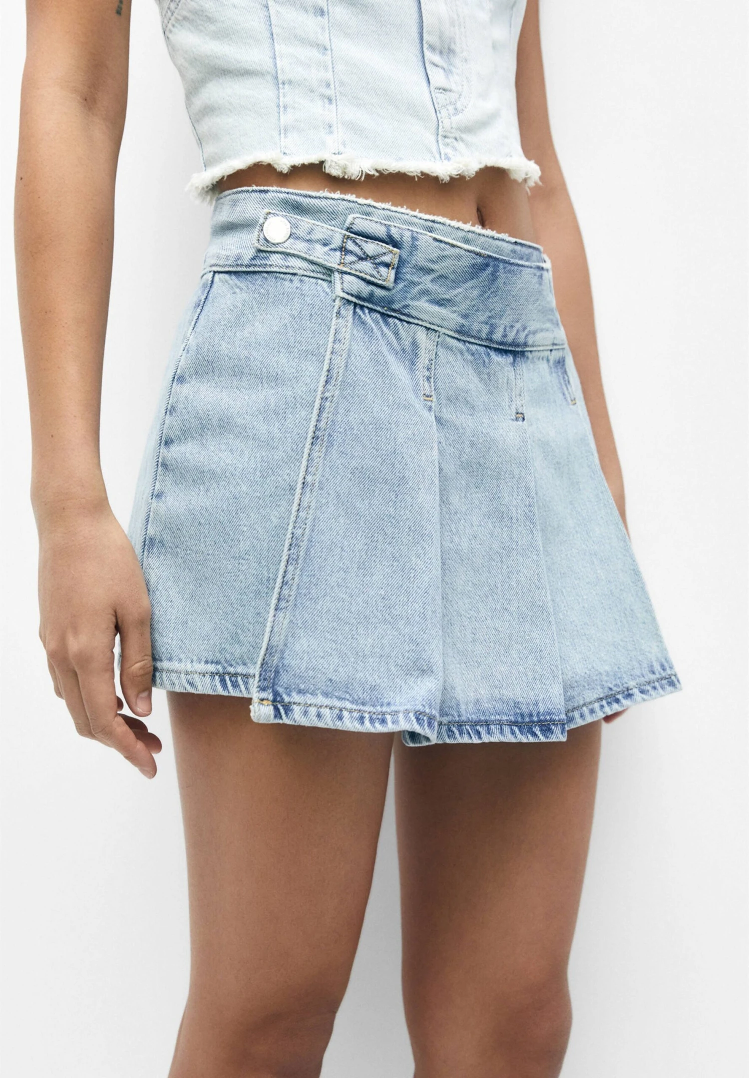 PULL & BEAR With Box Pleats- Wikkelrok - Stone Blue Denim - Afbeelding 4