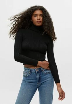 PULL & BEAR Basic Ribbed High Neck Sweater - Trui - Black