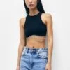 PULL & BEAR Crop Top With Rhinestone-Embellished Hem - Top - Black