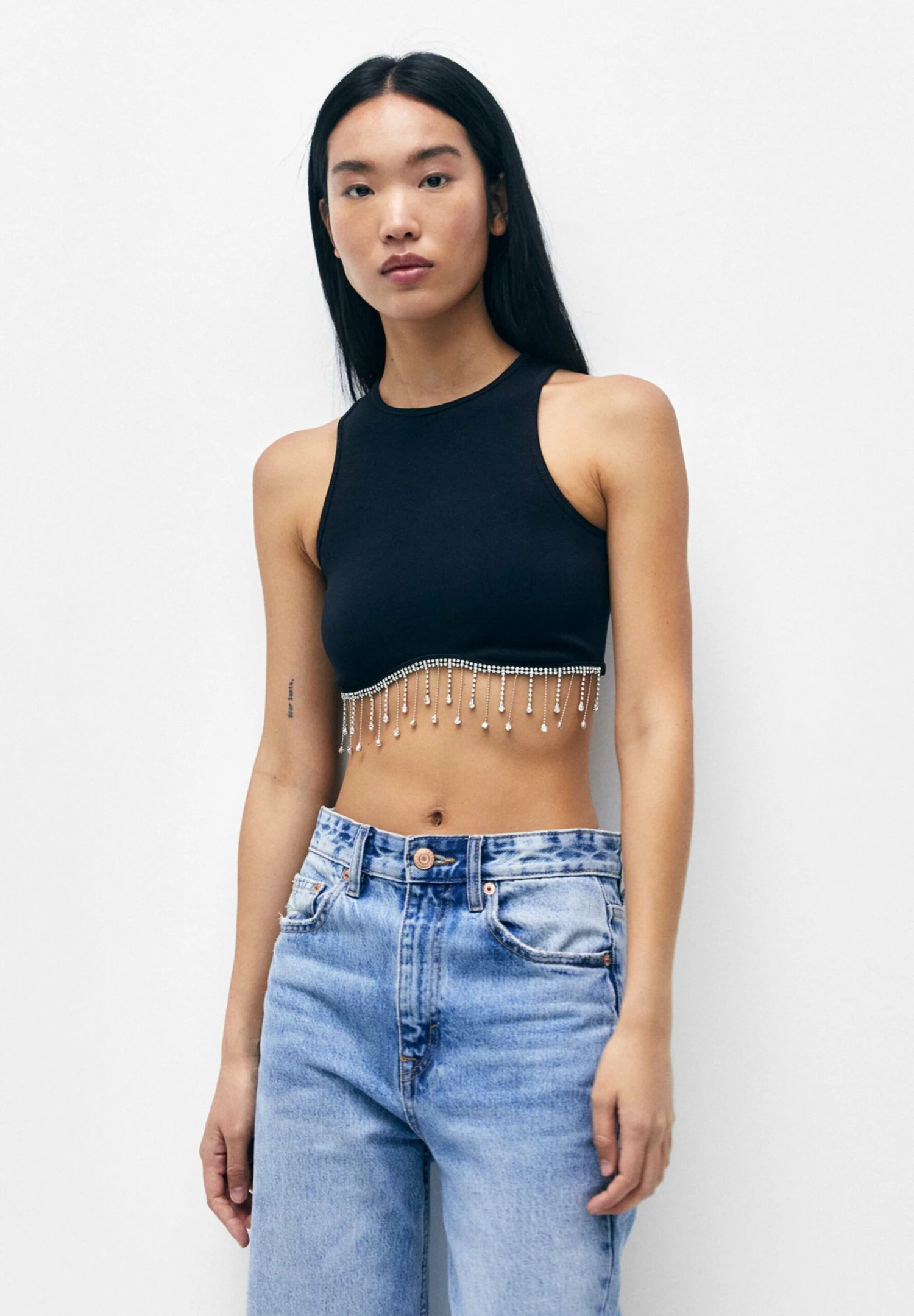 PULL & BEAR Crop Top With Rhinestone-Embellished Hem - Top - Black