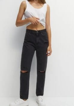 PULL & BEAR Ripped- Straight Leg Jeans - Black