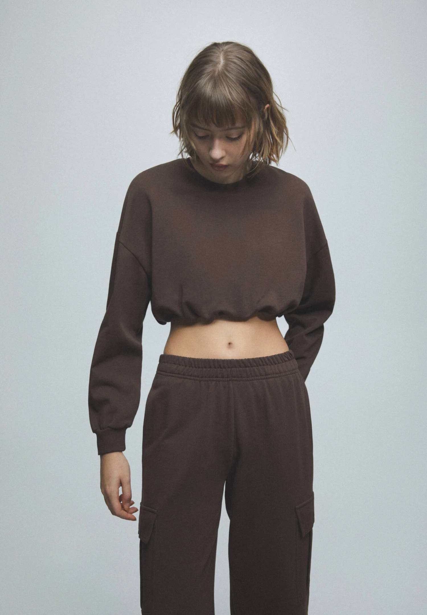 PULL & BEAR Cropped With Elastic Hem - Sweater - Mottled Brown - Afbeelding 5