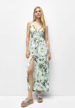 PULL & BEAR Long Flowing Strappy Printed - Maxi-Jurk - Green