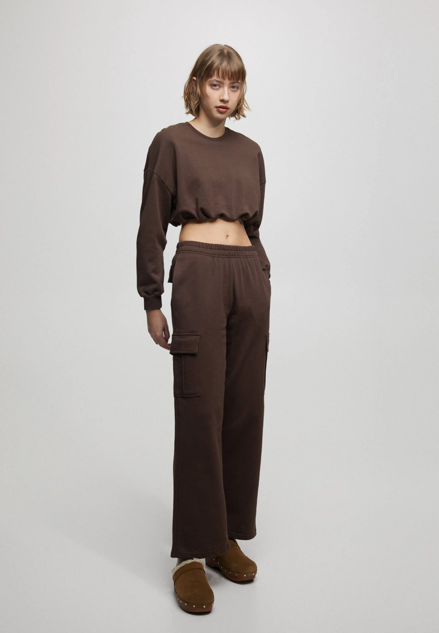 PULL & BEAR Cropped With Elastic Hem - Sweater - Mottled Brown - Afbeelding 2
