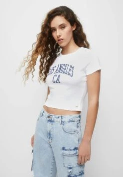PULL & BEAR Short Sleeve Varsity- T-Shirt Print - White