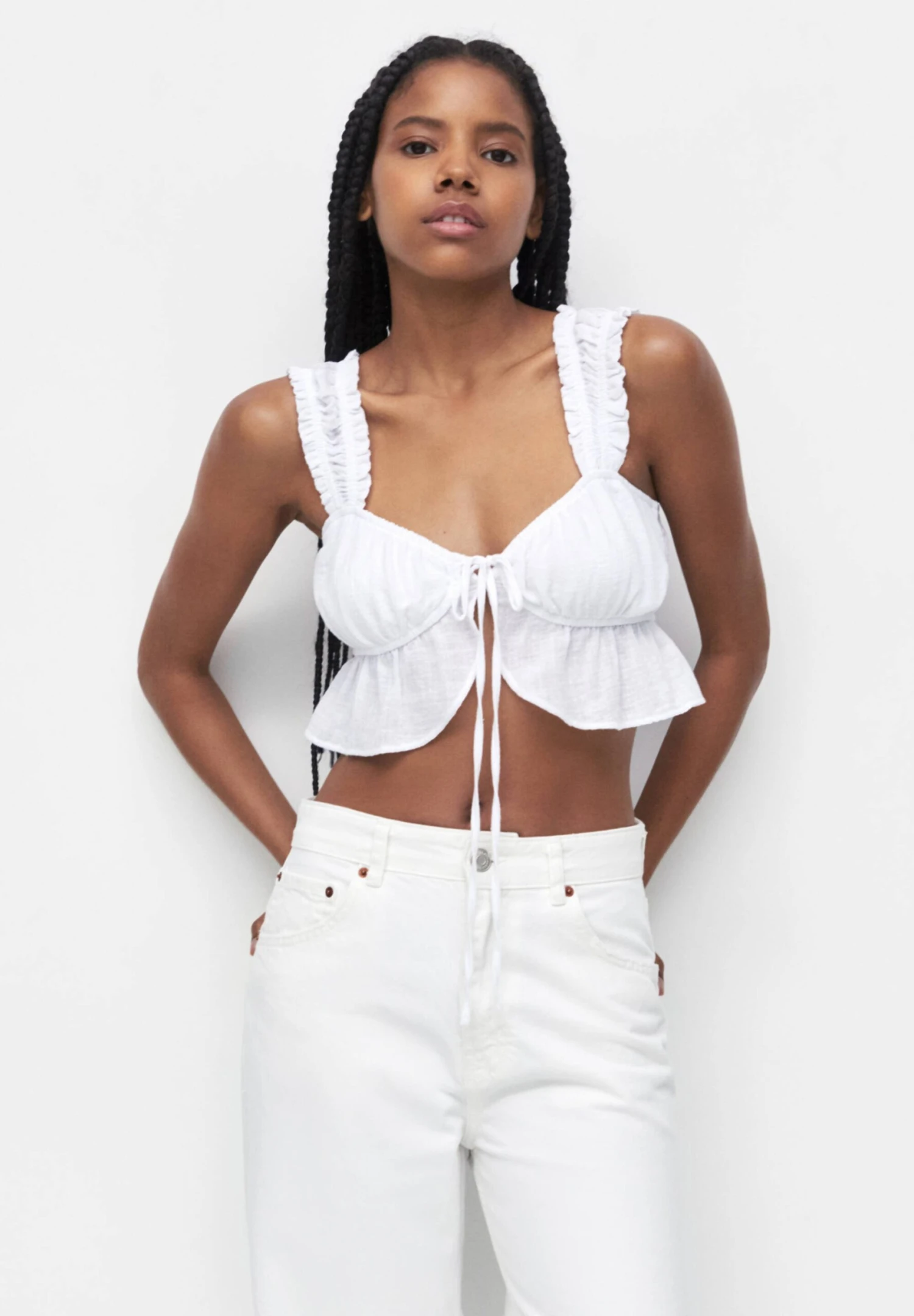 PULL & BEAR Crop With Bow Detail - Top - White