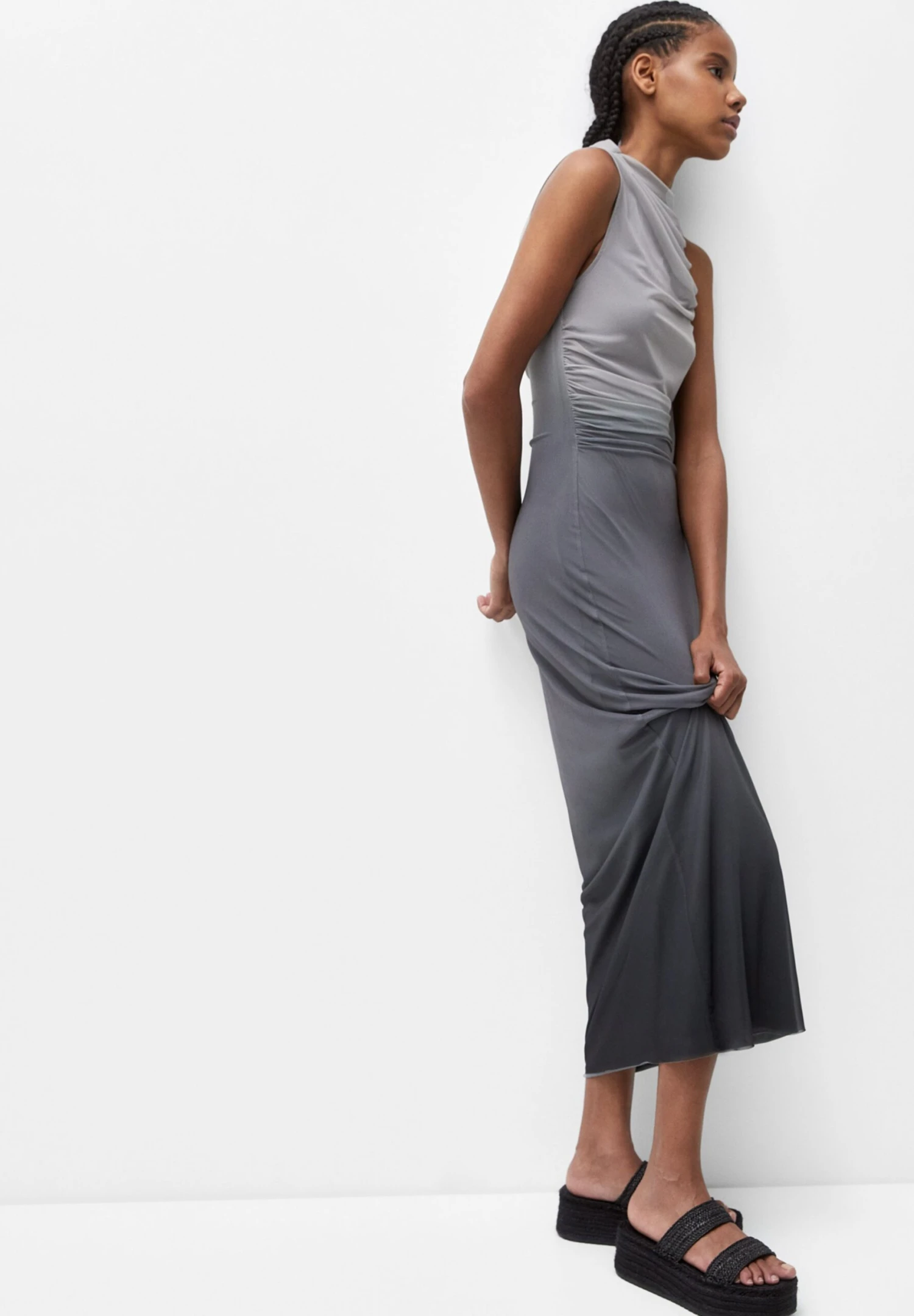 PULL & BEAR Gathered Tie-Dye With Asymmetric Hem - Maxi-Jurk - Grey - Afbeelding 4