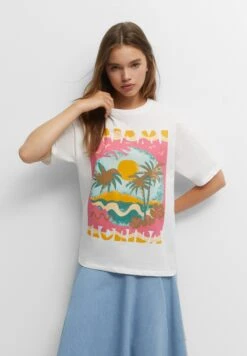 PULL & BEAR Short Sleeve Miami Sunset Graphic - T-Shirt Print - White