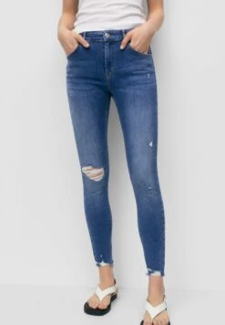 PULL & BEAR Mid Waist Ripped - Jeans Skinny Fit - Blue Denim