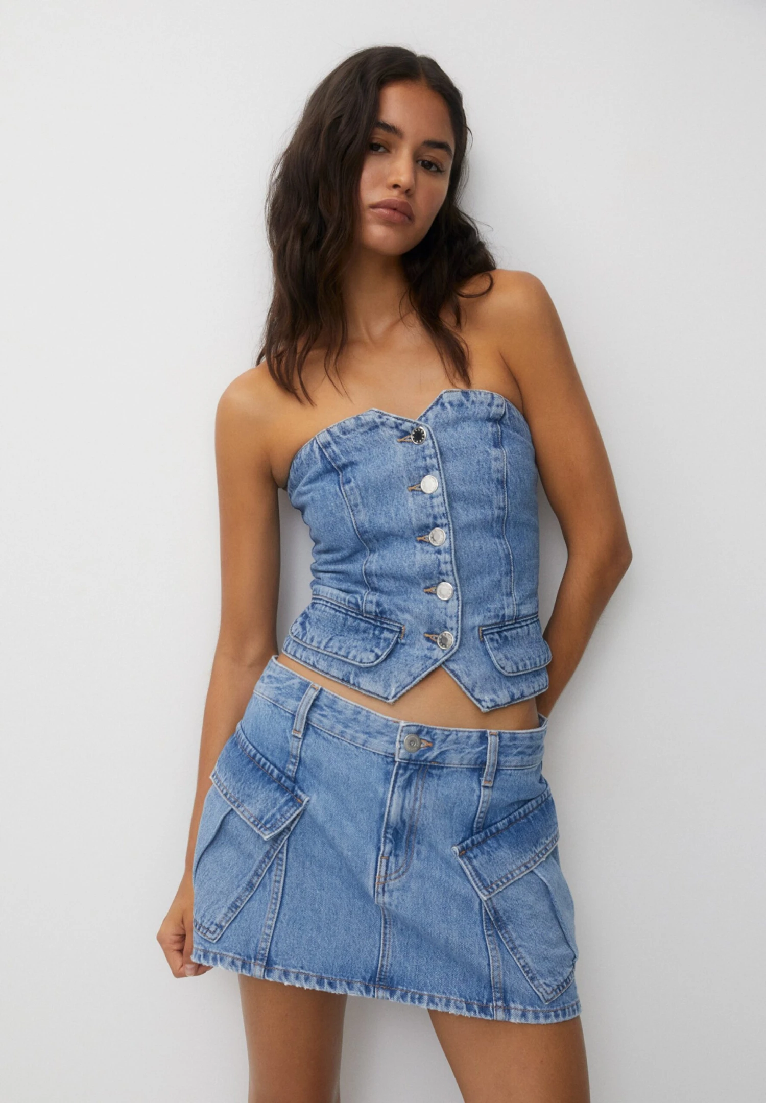 PULL & BEAR Buttoned Corset - Top - Blue Denim