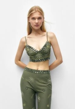 PULL & BEAR Crop Embroidered With Mirrors - Top - Green
