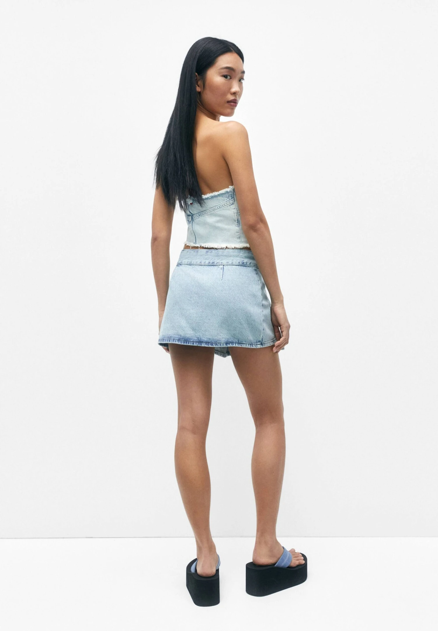 PULL & BEAR With Box Pleats- Wikkelrok - Stone Blue Denim - Afbeelding 3