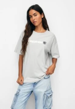 PULL & BEAR Short Sleeve Happiness - T-Shirt Print - Light Grey