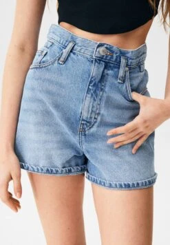 PULL & BEAR High Waist Paperbag- Jeansshort - Stone Blue Denim