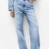 PULL & BEAR Mid-Waist With Rhinestones - Straight Leg Jeans - Stone Blue Denim