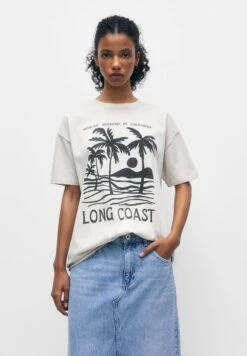 PULL & BEAR Palm Tree Short Sleeve- T-Shirt Print - Beige