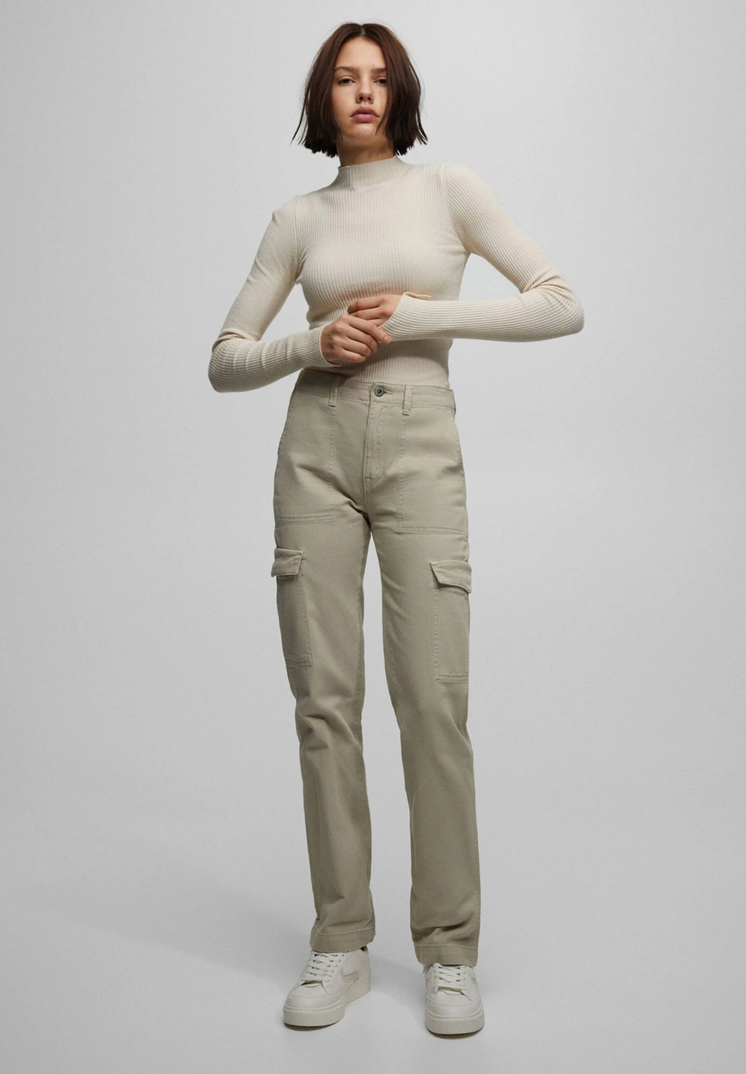 PULL & BEAR Basic Mock NeckWith Slits - Longsleeve - Offwhite - Afbeelding 2